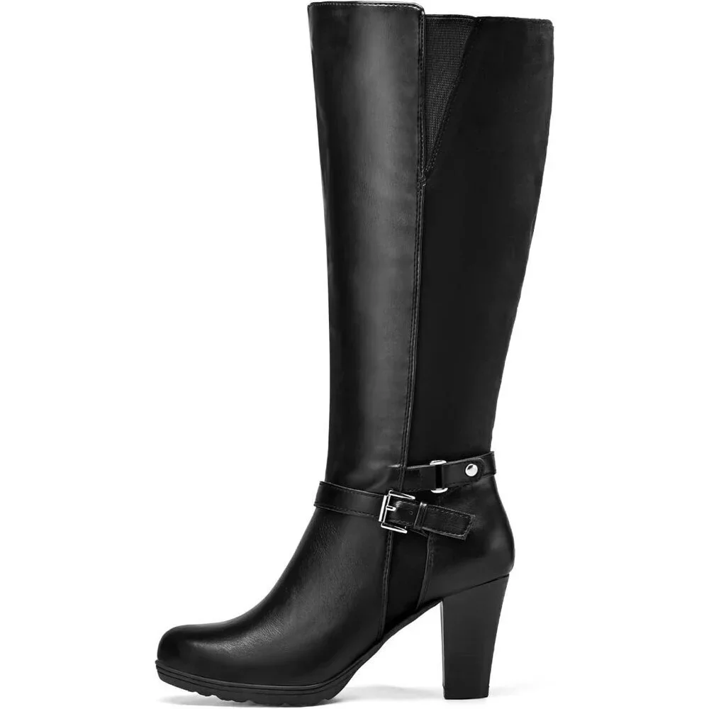 Women's Splicing Black Knee High Imported Chunky Heel Boots With Zipper Shoes - Picture 1 of 6